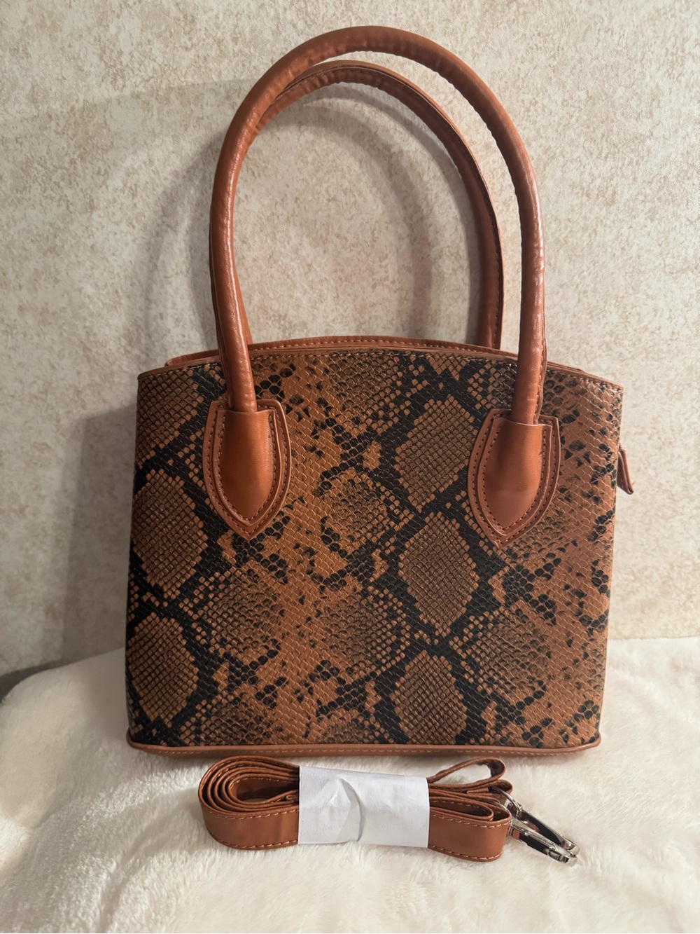 LC Waikiki Brown Snake-Print Tote Bag with Removable Strap